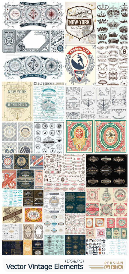 دانلود مجموعه وکتور لیبل، نماد، لوگو، روبان و پترن وینتیج - Vector Vintage Elements