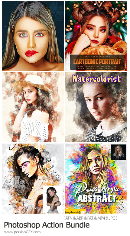 دانلود مجموعه اکشن فتوشاپ با 3 افکت نقاشی آبرنگی، اکریلیک و کارتونی - Photoshop Action Bundle