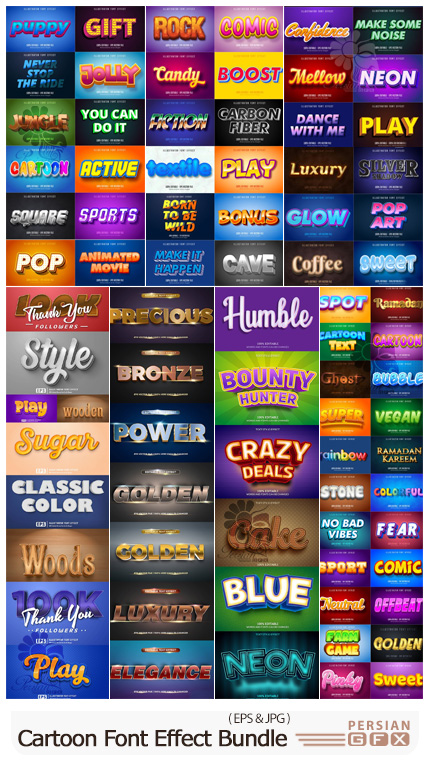 دانلود مجموعه قالب وکتور افکت های متن با طرح های متنوع - Cartoon Font Effect Bundle