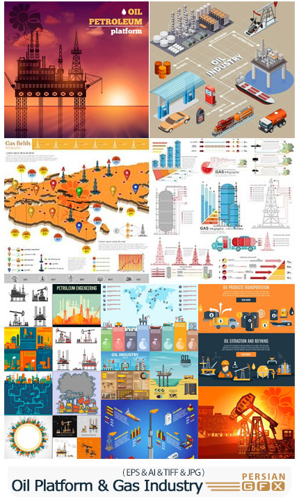 دانلود مجموعه وکتور صنعت نفت، گاز و پتروشیمی - Oil Platform And Gas Industry