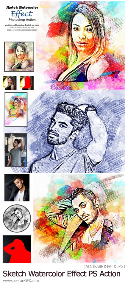 دانلود اکشن فتوشاپ تبدیل تصاویر به طرح اسکچ آبرنگی - Sketch Watercolor Effect PS Action