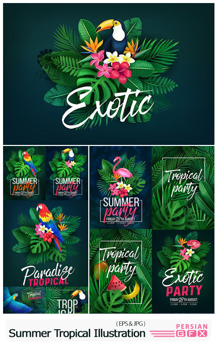 دانلود وکتور طرح های گرافیکی تابستانی با برگ های تروپیکال - Summer Tropical Design Illustration