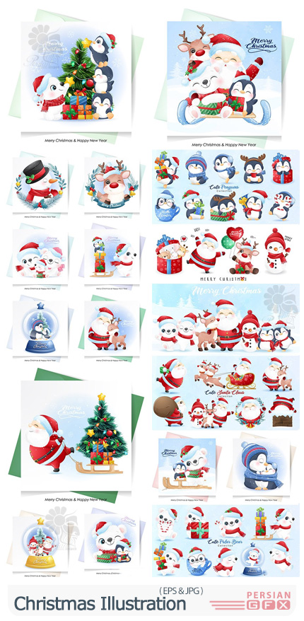 دانلود مجموعه طرح های کارتونی برای کارت پستال کریسمس و سال نو - Christmas Watercolor Illustration