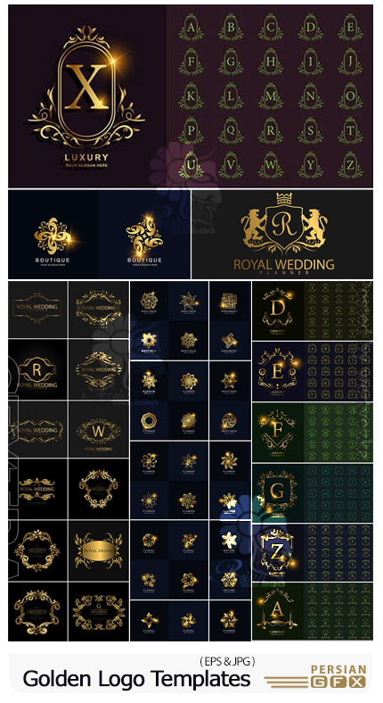 دانلود مجموعه آرم و لوگوی تزئینی حروف انگلیسی و طرح گل طلایی - Golden Logo Template