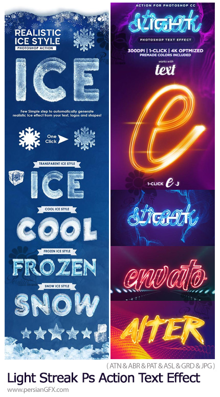 دانلود کیت فتوشاپ ساخت متن یخ زده و نورانی - Light Streak And Ice Style Actions