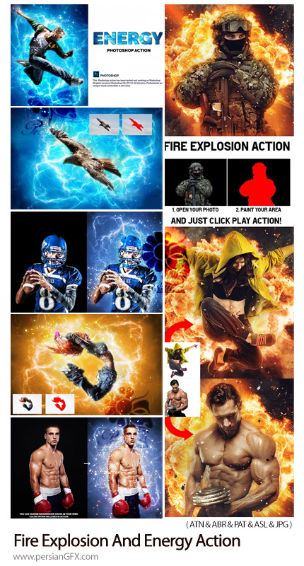دانلود 2 اکشن فتوشاپ ایجاد افکت انفجار آتش و انرژی بر روی تصاویر - Fire Explosion And Energy Action