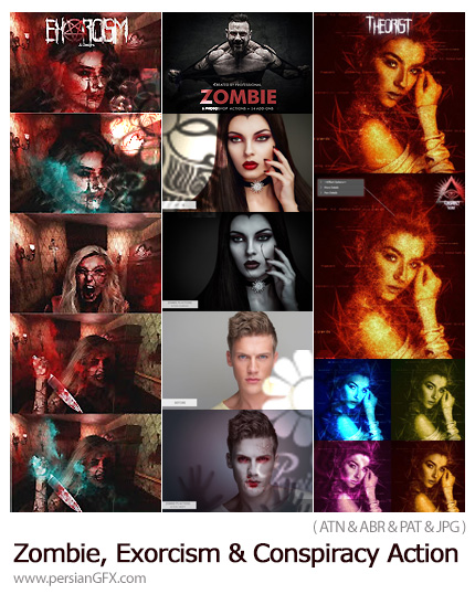 دانلود 3 اکشن فتوشاپ ساخت تصاویر وحشتناک با افکت های جن گیر، زامبی و توطئه - Zombie & Exorcism & Conspiracy Action