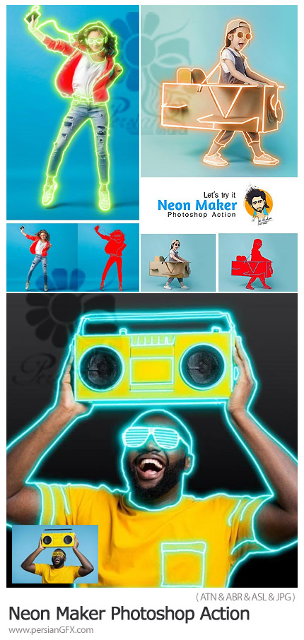 دانلود اکشن فتوشاپ ایجاد افکت خطوط نئونی بر روی عکس - Neon Maker Photoshop Action
