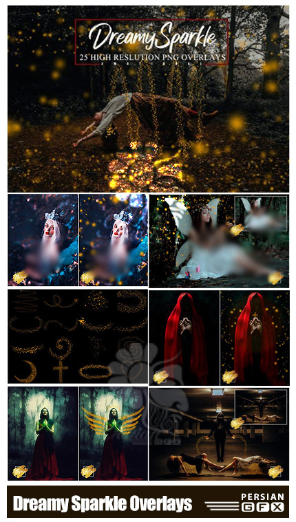 دانلود 25 تصویر پوششی اشکال با ذرات طلایی درخشان - Dreamy Sparkle Overlays