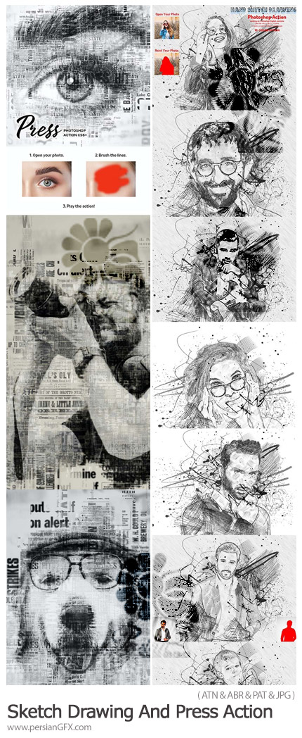 دانلود 2 اکشن فتوشاپ تبدیل تصاویر به طرح اسکچ و نقاشی با مداد - Sketch Drawing And Press Action