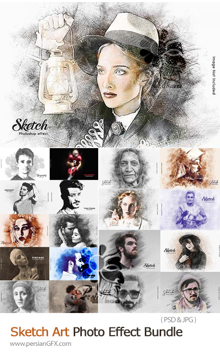 دانلود 20 قالب لایه باز طرح های هنری اسکچ - Sketch Art Photo Effect Bundle