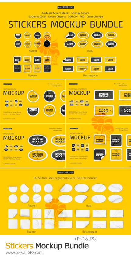 دانلود مجموعه موکاپ استیکرهای کاغذی - Stickers Mockup Bundle