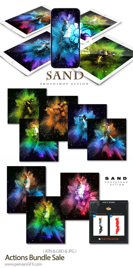 دانلود اکشن فتوشاپ ایجاد افکت انفجار پودر رنگی بر روی عکس - Sand Photoshop Action