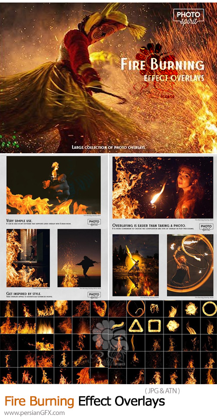 دانلود تصاویر پوششی آتش سوزان و شعله های آتش به همراه اکشن فتوشاپ - Fire Burning Effect Overlays
