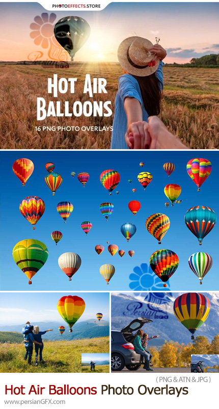 دانلود 16 کلیپ آرت بالون های رنگی متنوع به همراه اکشن فتوشاپ - Hot Air Balloons Photo Overlays
