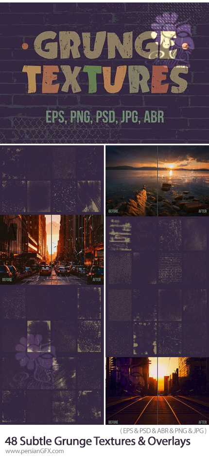 دانلود 48 تکسچر، تصویر پوششی و براش گرانج برای فتوشاپ و ایلوستریتور - Subtle Grunge Textures & Overlays For Photoshop & Illustrator