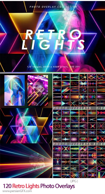 دانلود 120 تصویر پوششی خطوط نورانی رترو - Retro Lights Photo Overlays