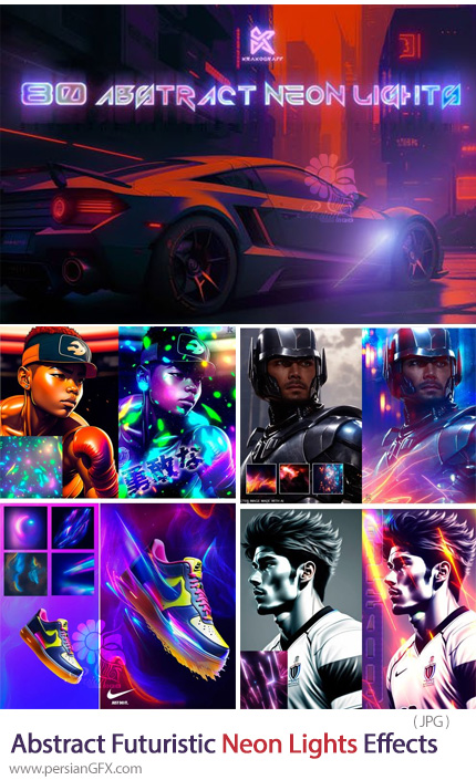 دانلود تصاویر پوششی افکت نورهای نئونی انتزاعی - Abstract Futuristic Neon Lights Effects