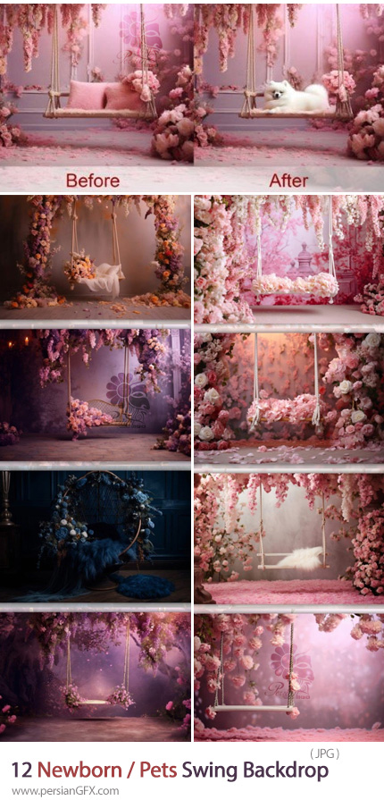 دانلود 12 بک دراپ تاب با گل های تزئینی برای عکس نوزاد و حیوانات خانگی - Newborn / Pets Swing Backdrop