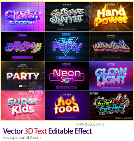 دانلود 12 وکتور افکت متن قابل ویرایش سه بعدی - Vector 3D Text Editable Effect
