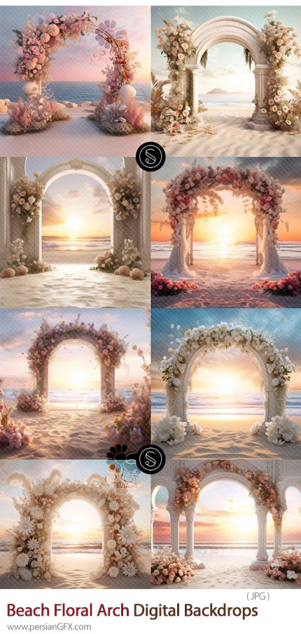 دانلود 8 بک دراپ طاق گل ساحلی برای آتلیه عکس بارداری - Beach Bohemian Floral Arch Digital Backdrops​