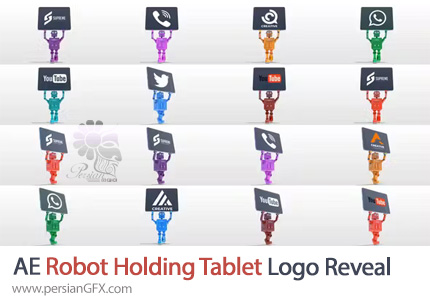 دانلود پروژه افترافکت نمایش لوگو با انیمیشن ربات های کارتونی تابلو در دست - Cartoon Robot Holding Tablet Logo Reveal Bundle