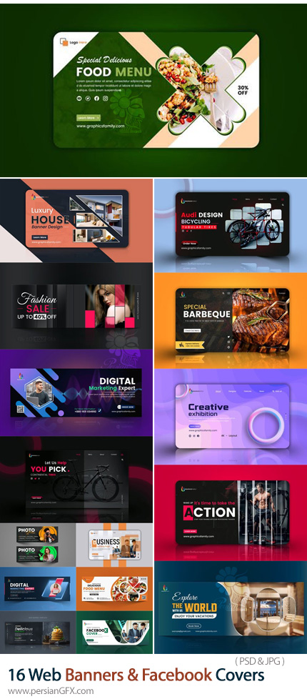 دانلود بیش از 15 قالب لایه باز بنر وب و کاور فیسبوک تبلیغاتی - Web Banners & Facebook Covers