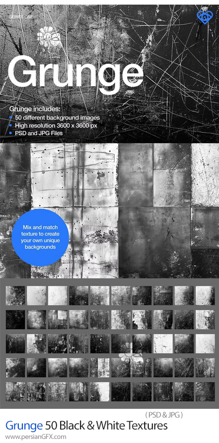 دانلود 50 تکسچر سیاه و سفید گرانج - Grunge 50 Black & White Textures