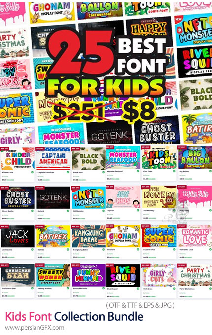 دانلود 25 فونت انگلیسی با طرح های کودکانه - Kids Font Collection Bundle
