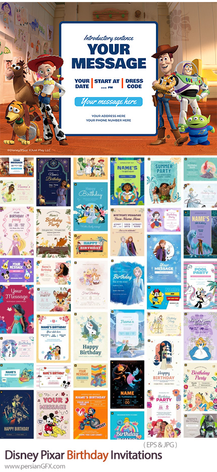 دانلود مجموعه وکتور کارت پستال تولد با طرح های کارتونی دیزنی و پیکسار - Disney Pixar Birthday Invitations