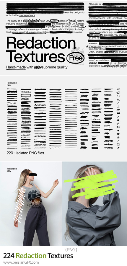 دانلود 224 تکسچر PNG عناصر خط خطی، هایلایت، خط کشی، تیک و ... برای ویرایش متن - Redaction Textures