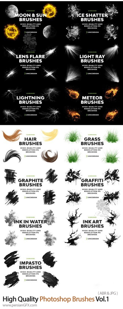 دانلود پک براش فتوشاپ با کیفیت بالا شامل رعد و برق، انتشار نور، چمن، مو، جوهر و ... - High Quality Photoshop Brushes