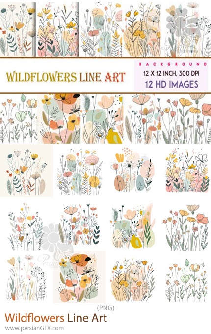 دانلود 12 تصویر PNG از طرحهای خطی گلهای وحشی - Wildflowers Line Art