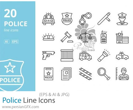 دانلود وکتور آیکون های خطی پلیس شامل دستبند، اسلحه، ماشین پلیس و ... - Police Line Icons