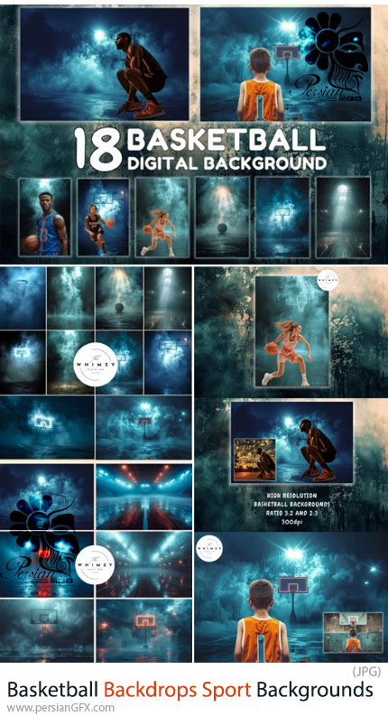 دانلود 18 بک دراپ دیجیتال زمین بسکتبال با افکت دود و گرانج - Basketball Backdrops Sport Backgrounds