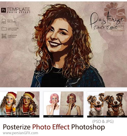دانلود قالب لایه باز تبدیل تصاویر به پوستر هنری - Posterize Photo Effect Template Photoshop
