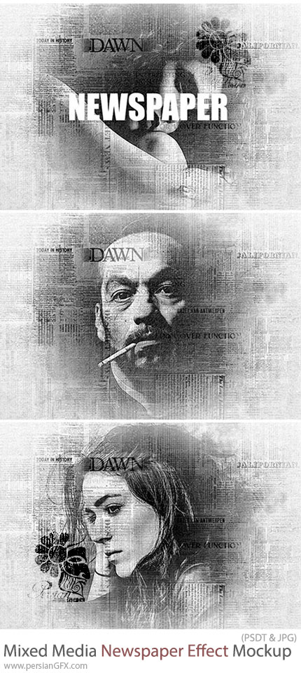 دانلود موکاپ لایه باز افکت روزنامه برای تصاویر - Mixed Media Newspaper Photo Effect Mockup