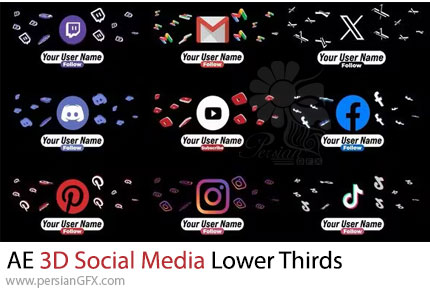 دانلود پروژه افترافکت زیرنویس های سه بعدی شبکه های اجتماعی + آموزش - 3D Social Media Lower Thirds