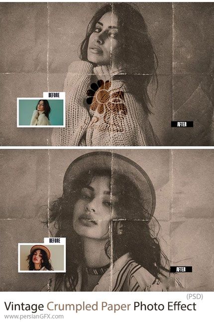 دانلود قالب لایه باز ایجاد افکت کاغذ مچاله بر روی تصاویر - Vintage Crumpled Paper Photo Effect