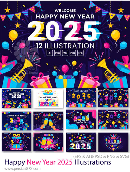دانلود 12 وکتور طرح های خلاقانه سال نو 2025 - Happy New Year 2025 Illustrations