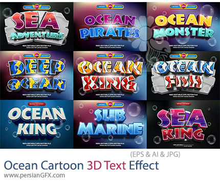 دانلود قالب وکتور افکت متن سهبعدی کارتونی اقیانوس - Ocean Cartoon 3D Text Effect