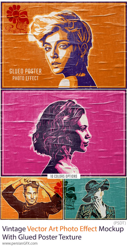 دانلود موکاپ لایه باز افکت عکس وکتور هنری وینتیج با تکسچر پوستر چسبیده - Vintage Vector Art Photo Effect Mockup With Glued Poster Texture