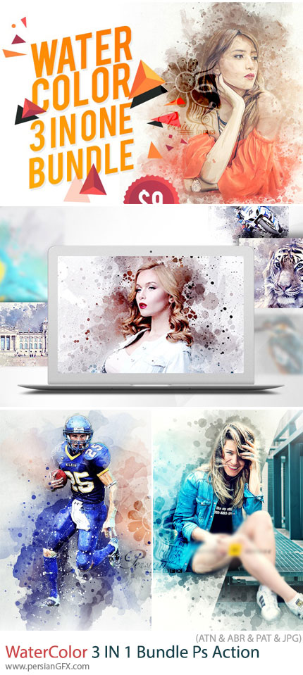 دانلود پک اکشن فتوشاپ با 3 افکت نقاشی آبرنگی متنوع - WaterColor 3 IN 1 Bundle Photoshop Action