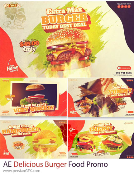 دانلود پروژه افترافکت پرومو تبلیغاتی همبرگر برای فست فودها + آموزش - Delicious Burger Food Promo