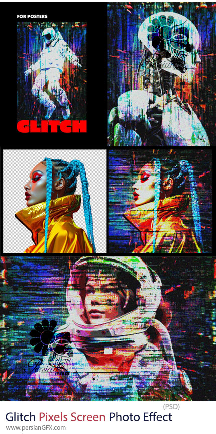 دانلود قالب لایه باز ایجاد صفحه پیکسلی گلیچ بر روی تصاویر - Glitch Pixels Screen Photo Effect