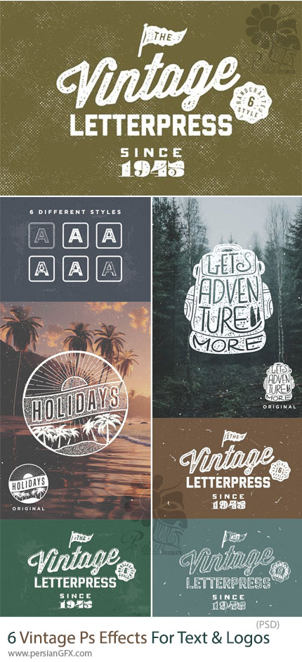 دانلود 6 افکت لایه باز چاپی وینتیج برای متن و لوگو - Vintage Letterpress Photoshop Effects For Text & Logos