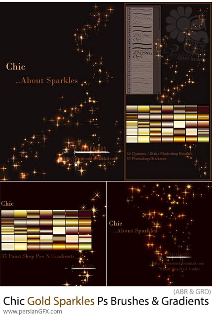 دانلود براش و گرادینت فتوشاپ ذرات طلایی درخشان - Chic Gold Sparkles Photoshop Brushes & Gradients