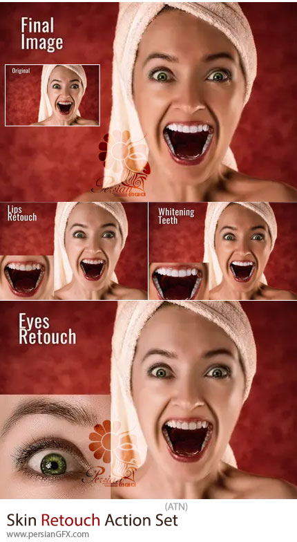 دانلود اکشن فتوشاپ روتوش حرفه ای پوست، لب، چشم و سفید کردن دندان - Skin Retouch Action Set