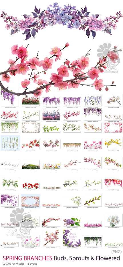 دانلود 85 عکس PNG گل های بهاری شامل شکوفه، شاخ و برگ، جوانه و شاخه های بهاری - SPRING BRANCHES Buds, Sprouts & Flowered