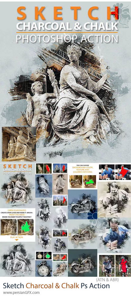 دانلود پک اکشن فتوشاپ تبدیل تصاویر به طرح های زغالی و گچی - Sketch Charcoal & Chalk Photoshop Action